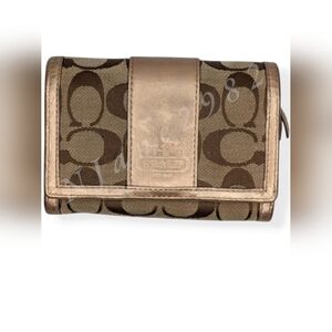 Coach Wallet Signature Canvas Trifold Khaki Brown Rose Gold Metallic Leather